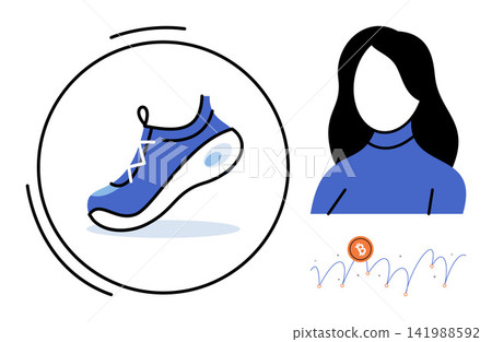 Running shoe icon and female avatar with bitcoin chart vector illustration. Fitness, blockchain, cryptocurrency, move to earn, healthy lifestyle, digital finance. Athletic footwear and user profile Running shoe icon and female avatar with bitcoin chart vector illustration. Fitness, blockchain, cryptocurrency, move to earn, healthy lifestyle, digital finance. Athletic footwear and user profile 141988592