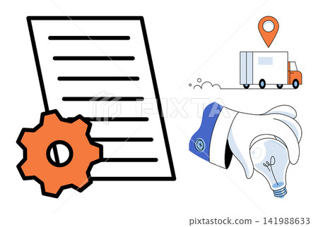 Document with gear, delivery truck, and hand holding lightbulb vector illustration. Workflow optimization, supply chain, innovation, project management, shipping, creative solution. Paper icon Document with gear, delivery truck, and hand holding lightbulb vector illustration. Workflow optimization, supply chain, innovation, project management, shipping, creative solution. Paper icon 141988633