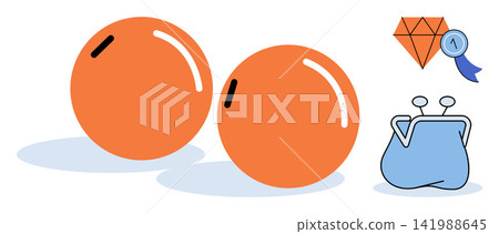 Two orange spheres next to a coin purse and diamond icon vector illustration. Wealth, savings, investment, luxury, finance, economy. Round shapes beside a wallet and gemstone symbol Two orange spheres next to a coin purse and diamond icon vector illustration. Wealth, savings, investment, luxury, finance, economy. Round shapes beside a wallet and gemstone symbol 141988645