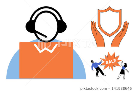 Customer service agent with headset, hands protecting a shield, and people near a sale sign vector illustration. Business, communication, insurance, security, commerce, marketing. Support operator 141988646
