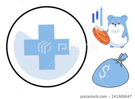 Medical cross symbol with a cute hamster holding a coin and money bag vector illustration. Healthcare investment, financial planning, medical savings, insurance, wealth, budget management. Hospital Medical cross symbol with a cute hamster holding a coin and money bag vector illustration. Healthcare investment, financial planning, medical savings, insurance, wealth, budget management. Hospital 141988647