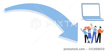 Large blue arrow pointing towards a laptop and a group of diverse people vector illustration. Digital transformation, corporate teamwork, business development, remote work, career growth, success Large blue arrow pointing towards a laptop and a group of diverse people vector illustration. Digital transformation, corporate teamwork, business development, remote work, career growth, success 141988650