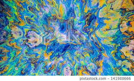 Vibrant abstract fluid paint swirl with blue yellow and green marbling across canvas Vibrant abstract fluid paint swirl with blue yellow and green marbling across canvas 141988666