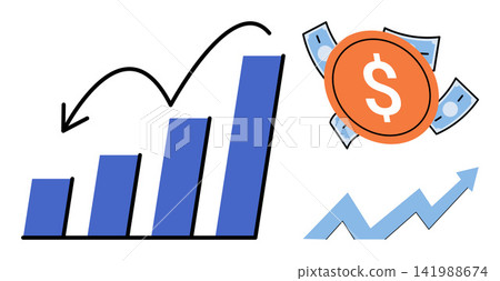 Bar chart with downward arrow and rising graph with money icon vector illustration. Business analysis, economic crisis, investment strategy, market volatility, profit loss, financial success Bar chart with downward arrow and rising graph with money icon vector illustration. Business analysis, economic crisis, investment strategy, market volatility, profit loss, financial success 141988674