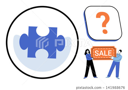 Puzzle piece icon with question mark and people holding sale sign vector illustration. Marketing, shopping, problem solving, business strategy, retail discount, consumer choice. Jigsaw element Puzzle piece icon with question mark and people holding sale sign vector illustration. Marketing, shopping, problem solving, business strategy, retail discount, consumer choice. Jigsaw element 141988676