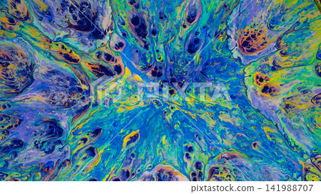 Abstract fluid paint pour with vibrant blue green yellow marbled swirls and organic cell patterns Abstract fluid paint pour with vibrant blue green yellow marbled swirls and organic cell patterns 141988707