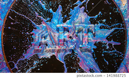 Iridescent paint splash forming ART letters on black circular canvas with glossy blue, purple, pink metallic tones Iridescent paint splash forming ART letters on black circular canvas with glossy blue, purple, pink metallic tones 141988725