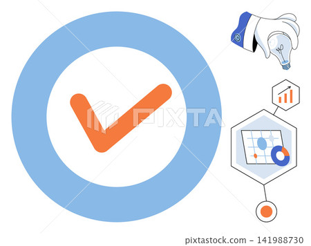 Checkmark inside a circle with lightbulb and business charts vector illustration. Success, productivity, planning, strategy, innovation, development. Approved sign with growth graphics Checkmark inside a circle with lightbulb and business charts vector illustration. Success, productivity, planning, strategy, innovation, development. Approved sign with growth graphics 141988730