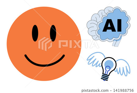 Happy happy face with an artificial intelligence brain and a flying light bulb vector illustration. Technology, innovation, creativity, digital transformation, machine learning, inspiration. Smiling Happy happy face with an artificial intelligence brain and a flying light bulb vector illustration. Technology, innovation, creativity, digital transformation, machine learning, inspiration. Smiling 141988756