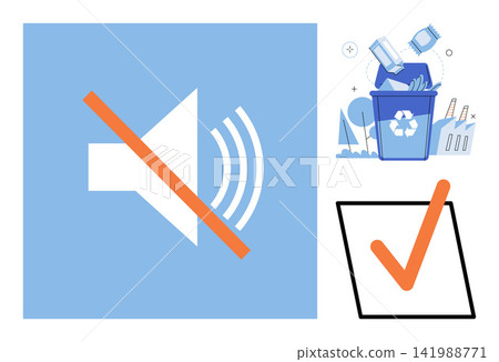 Mute sound icon with recycling bin and checkmark vector illustration. Waste management, environmental protection, noise control, digital settings, sustainability, user interface design. Silent Mute sound icon with recycling bin and checkmark vector illustration. Waste management, environmental protection, noise control, digital settings, sustainability, user interface design. Silent 141988771