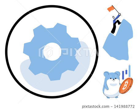 Gear icon, person climbing a mountain, and hamster holding a bitcoin coin vector illustration. Success, financial growth, digital currency, corporate management, crypto trading, goal achievement Gear icon, person climbing a mountain, and hamster holding a bitcoin coin vector illustration. Success, financial growth, digital currency, corporate management, crypto trading, goal achievement 141988772