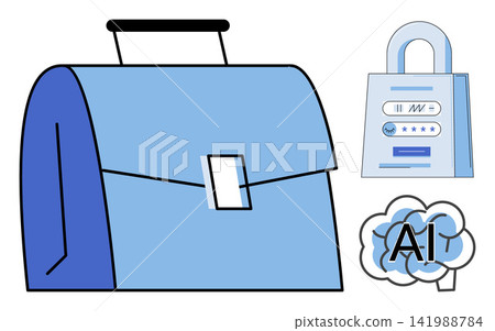 Business briefcase with digital security lock and artificial intelligence brain vector illustration. Cybersecurity, data protection, machine learning, business strategy, technology, innovation Business briefcase with digital security lock and artificial intelligence brain vector illustration. Cybersecurity, data protection, machine learning, business strategy, technology, innovation 141988784