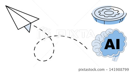 Paper plane flying towards a brain and gear icon vector illustration. Innovation, machine learning, digital transformation, creative thinking, automation, future technology. Origami aircraft moving Paper plane flying towards a brain and gear icon vector illustration. Innovation, machine learning, digital transformation, creative thinking, automation, future technology. Origami aircraft moving 141988799