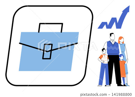 Family standing next to a briefcase and rising arrow vector illustration. Financial planning, wealth management, investment, future security, economic growth, family budget. Parents and children Family standing next to a briefcase and rising arrow vector illustration. Financial planning, wealth management, investment, future security, economic growth, family budget. Parents and children 141988800