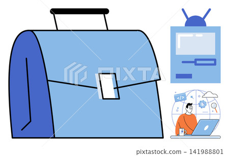 Business briefcase with digital technology icons vector illustration. Remote work, corporate communication, software development, office equipment, professional career, digital transformation. Office 141988801