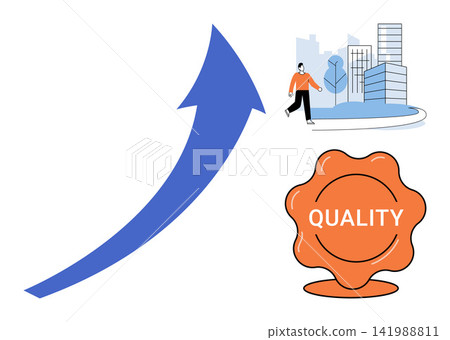 Rising arrow with a person walking in a city and a quality badge vector illustration. Success, development, urban lifestyle, corporate standards, professional growth, excellence. Increasing graph Rising arrow with a person walking in a city and a quality badge vector illustration. Success, development, urban lifestyle, corporate standards, professional growth, excellence. Increasing graph 141988811