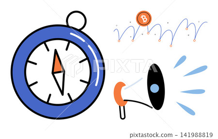 Compass bitcoin chart and megaphone vector illustration. Financial strategy, market direction, investment growth, crypto trading, business promotion, digital currency. Navigation tool and speaker Compass bitcoin chart and megaphone vector illustration. Financial strategy, market direction, investment growth, crypto trading, business promotion, digital currency. Navigation tool and speaker 141988819
