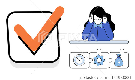 Stressed woman holding head with checklist and business icons vector illustration. Productivity, time management, mental health, financial pressure, work stress, deadline. Female employee feeling Stressed woman holding head with checklist and business icons vector illustration. Productivity, time management, mental health, financial pressure, work stress, deadline. Female employee feeling 141988821