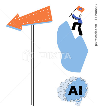 Directional arrow sign, person climbing a mountain, and brain with AI text vector illustration. Success, goal achievement, machine learning, innovation, leadership, digital growth. Pointer, hiker Directional arrow sign, person climbing a mountain, and brain with AI text vector illustration. Success, goal achievement, machine learning, innovation, leadership, digital growth. Pointer, hiker 141988867