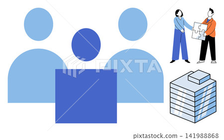 People icons, puzzle pieces, and office building vector illustration. Teamwork, corporate partnership, business growth, professional development, company structure, office management. Employees People icons, puzzle pieces, and office building vector illustration. Teamwork, corporate partnership, business growth, professional development, company structure, office management. Employees 141988868