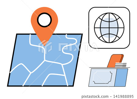 Map location pin globe icon and office desk vector illustration. Logistics, global business, travel planning, corporate workspace, navigation, international trade. Navigation marker and workplace Map location pin globe icon and office desk vector illustration. Logistics, global business, travel planning, corporate workspace, navigation, international trade. Navigation marker and workplace 141988895