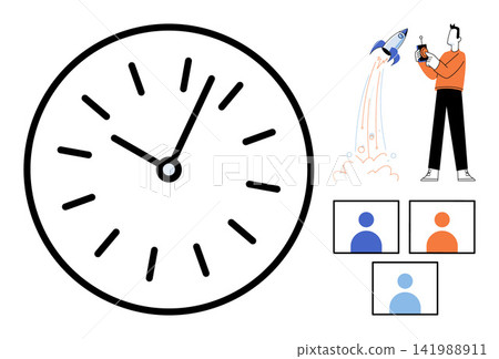 Clock and remote team video conference vector illustration. Productivity, deadline, communication, business, planning, teamwork. Analog watch with people working on digital meeting screens Clock and remote team video conference vector illustration. Productivity, deadline, communication, business, planning, teamwork. Analog watch with people working on digital meeting screens 141988911