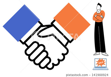 Handshake gesture and standing person with laptop vector illustration. Partnership, deal, commerce, negotiation, marketing, sales. Agreement between two parties and businessman with computer Handshake gesture and standing person with laptop vector illustration. Partnership, deal, commerce, negotiation, marketing, sales. Agreement between two parties and businessman with computer 141988924