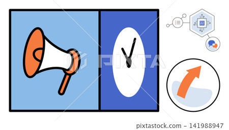Megaphone and clock icons with digital network symbols vector illustration. Advertising, productivity, business strategy, communication, time management, marketing. Loudspeaker and watch graphics Megaphone and clock icons with digital network symbols vector illustration. Advertising, productivity, business strategy, communication, time management, marketing. Loudspeaker and watch graphics 141988947
