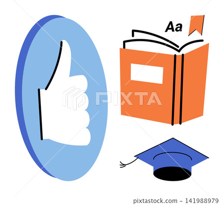 Thumbs up icon, open book, and graduation cap vector illustration. Academic achievement, learning process, school success, knowledge growth, student development, educational progress. thumbs up sign Thumbs up icon, open book, and graduation cap vector illustration. Academic achievement, learning process, school success, knowledge growth, student development, educational progress. thumbs up sign 141988979