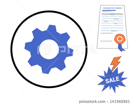 Gear icon with document and sale flash vector illustration. Efficiency, commerce, marketing, management, strategy, discount. Cogwheel symbol with contract and lightning bolt price tag Gear icon with document and sale flash vector illustration. Efficiency, commerce, marketing, management, strategy, discount. Cogwheel symbol with contract and lightning bolt price tag 141988981