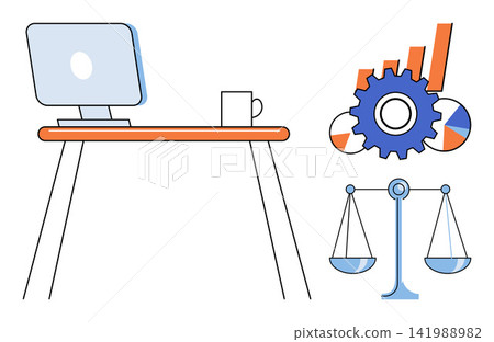 Office desk with laptop and business management icons vector illustration. Productivity, corporate strategy, financial analysis, legal balance, workflow optimization, professional planning. Workplace Office desk with laptop and business management icons vector illustration. Productivity, corporate strategy, financial analysis, legal balance, workflow optimization, professional planning. Workplace 141988982