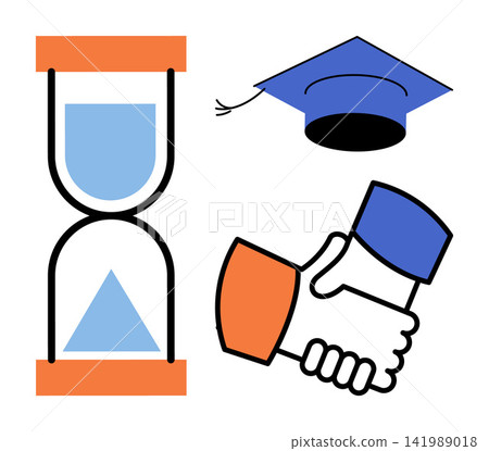 Hourglass, graduation cap, and shaking hands icons vector illustration. Academic achievement, professional cooperation, deadline planning, career development, teamwork, time management. Sandglass Hourglass, graduation cap, and shaking hands icons vector illustration. Academic achievement, professional cooperation, deadline planning, career development, teamwork, time management. Sandglass 141989018
