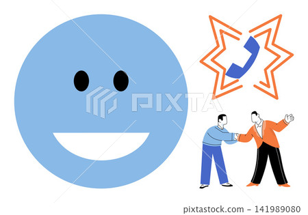 happy face with a broken phone icon and two people arguing vector illustration. Conflict, misunderstanding, communication, business, disagreement, negotiation. Emotional expression with dispute 141989080