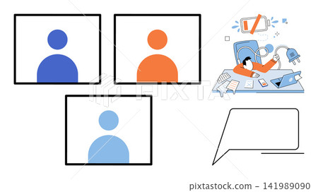 Exhausted employee at desk and video call avatars vector illustration. Professional fatigue, digital communication, remote work, mental health, corporate stress, online meeting. Tired worker plugged Exhausted employee at desk and video call avatars vector illustration. Professional fatigue, digital communication, remote work, mental health, corporate stress, online meeting. Tired worker plugged 141989090