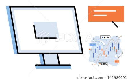Computer monitor showing financial stock market data and a message bubble vector illustration. Trading, investment, business, finance, analytics, digital economy. Desktop screen with charts Computer monitor showing financial stock market data and a message bubble vector illustration. Trading, investment, business, finance, analytics, digital economy. Desktop screen with charts 141989091