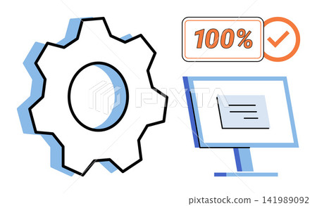 Gear icon with computer monitor and success checkmark vector illustration. Efficiency, productivity, optimization, performance, technology, business. Mechanical cogwheel and digital screen Gear icon with computer monitor and success checkmark vector illustration. Efficiency, productivity, optimization, performance, technology, business. Mechanical cogwheel and digital screen 141989092