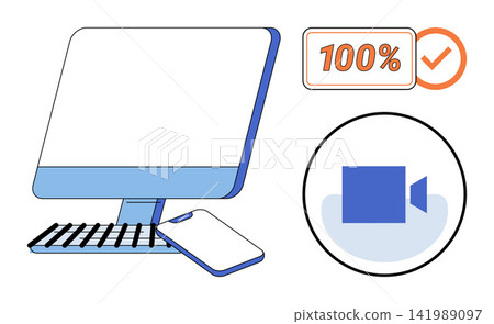 Computer and smartphone with video call icon and success percentage vector illustration. Remote communication, digital connection, online meeting, virtual conference, tech support, efficiency Computer and smartphone with video call icon and success percentage vector illustration. Remote communication, digital connection, online meeting, virtual conference, tech support, efficiency 141989097