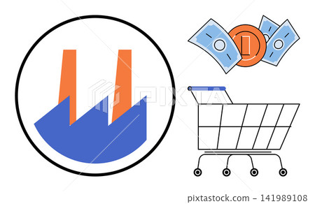 Factory building money and shopping cart vector illustration. Supply chain, consumerism, manufacturing, retail, economy, trade. Industrial plant currency and supermarket trolley icons Factory building money and shopping cart vector illustration. Supply chain, consumerism, manufacturing, retail, economy, trade. Industrial plant currency and supermarket trolley icons 141989108