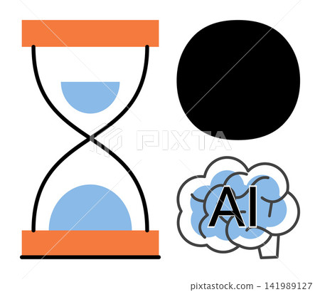 Hourglass and brain with AI text vector illustration. Technology progress, machine learning, data processing, digital transformation, innovation speed, future computing. Sand timer and neural network Hourglass and brain with AI text vector illustration. Technology progress, machine learning, data processing, digital transformation, innovation speed, future computing. Sand timer and neural network 141989127