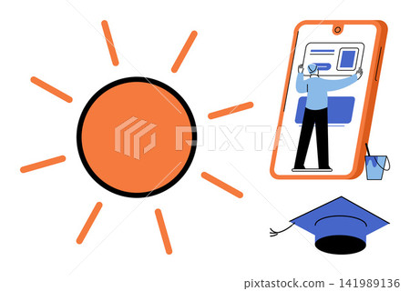 Sun icon and student using a smartphone for online education vector illustration. Digital learning, remote schooling, academic development, mobile technology, knowledge growth, internet study. Bright Sun icon and student using a smartphone for online education vector illustration. Digital learning, remote schooling, academic development, mobile technology, knowledge growth, internet study. Bright 141989136