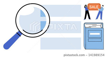 Magnifying glass over list items with people holding a sale sign and a book vector illustration. Research, shopping, education, marketing, analysis, discount. Search tool examining data 141989154