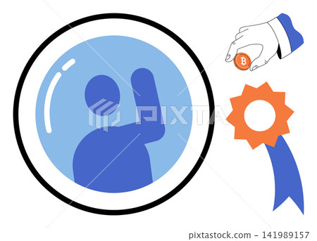 User profile icon with a hand holding a bitcoin and an achievement ribbon vector illustration. Cryptocurrency, digital finance, loyalty program, reward system, online banking, success. Avatar symbol User profile icon with a hand holding a bitcoin and an achievement ribbon vector illustration. Cryptocurrency, digital finance, loyalty program, reward system, online banking, success. Avatar symbol 141989157