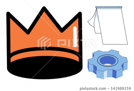 Orange crown icon with a blank paper scroll and a blue gear wheel vector illustration. Leadership, business strategy, planning, achievement, management, development. Royal symbol with document Orange crown icon with a blank paper scroll and a blue gear wheel vector illustration. Leadership, business strategy, planning, achievement, management, development. Royal symbol with document 141989159