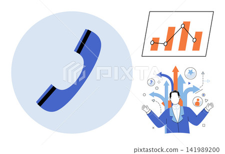 Telephone handset, financial chart, and businessman with arrows vector illustration. Customer support, market analysis, strategic planning, corporate management, problem solving, decision making Telephone handset, financial chart, and businessman with arrows vector illustration. Customer support, market analysis, strategic planning, corporate management, problem solving, decision making 141989200