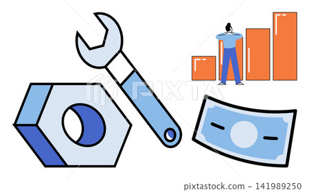 Wrench nut and bar chart vector illustration. Financial growth, business optimization, technical support, investment strategy, economic development, profit analysis. Industrial tool and graph Wrench nut and bar chart vector illustration. Financial growth, business optimization, technical support, investment strategy, economic development, profit analysis. Industrial tool and graph 141989250