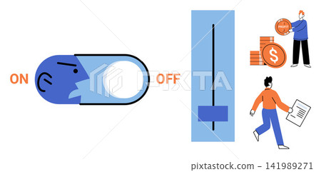 A mental health switch and financial management vector illustration. Productivity, stress, burnout, work life balance, economy, personal finance. Psychological toggle and money control A mental health switch and financial management vector illustration. Productivity, stress, burnout, work life balance, economy, personal finance. Psychological toggle and money control 141989271