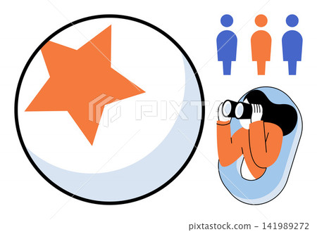 Person using binoculars looking at star icon and people icons vector illustration. Recruitment, talent search, human resources, career growth, business strategy, hiring process. Individual observing Person using binoculars looking at star icon and people icons vector illustration. Recruitment, talent search, human resources, career growth, business strategy, hiring process. Individual observing 141989272
