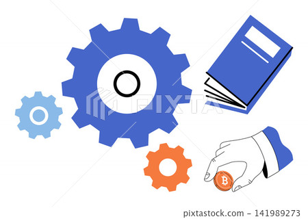 Gears, open book, and hand holding a bitcoin coin vector illustration. Financial education, digital currency, workflow management, technical knowledge, investment strategy, crypto trading. Mechanical 141989273
