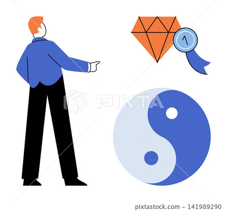 A man pointing at a diamond award and a yin yang symbol vector illustration. Success, balance, harmony, achievement, duality, life goals. Person gesturing toward a gemstone prize and taijitu 141989290