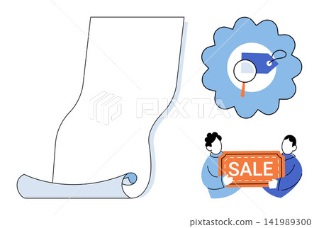 Blank paper scroll and people holding a sale sign vector illustration. Marketing, retail, commerce, discount, advertising, consumerism. Empty parchment sheet and shoppers with price tag Blank paper scroll and people holding a sale sign vector illustration. Marketing, retail, commerce, discount, advertising, consumerism. Empty parchment sheet and shoppers with price tag 141989300